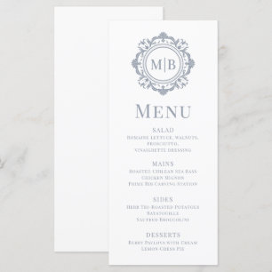 Menu Monogramme Floral Orné Mariage Élégant Argent