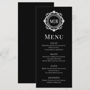 Menu Monogramme Floral Orné Mariage Élégant noir blanc