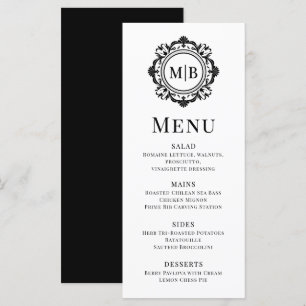 Menu Monogramme Floral Orné Mariage Élégant noir blanc