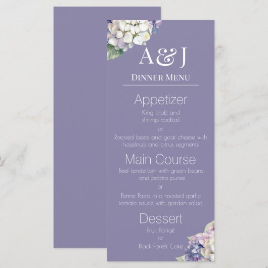 Menu Monogramme Hortensias violettes et blanches sur fo (Devant / Derrière)