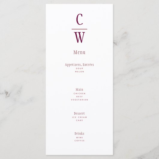 Menu Monogramme Mariage de vin Berry moderne (Devant)