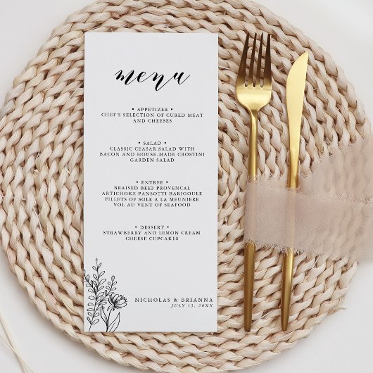 Menu Monogramme minimaliste de Mariage noir moderne