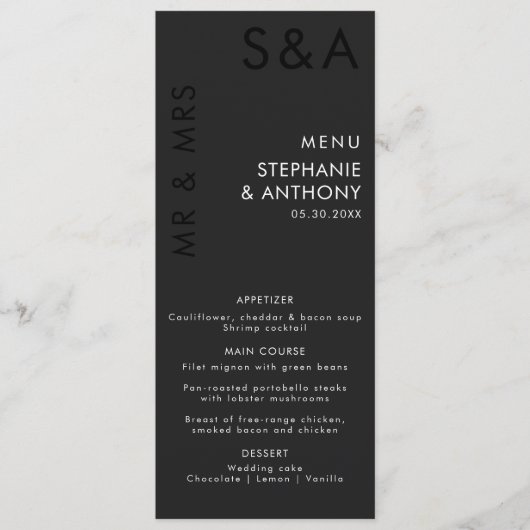 Menu Monogramme minimaliste moderne Mariage noir et bla (Devant)