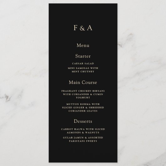 Menu Monogramme minimum Mariage musulman noir dîner tab (Devant)