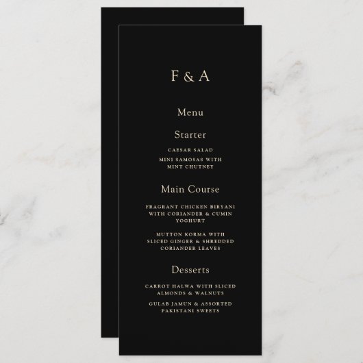 Menu Monogramme minimum Mariage musulman noir dîner tab (Devant / Derrière)