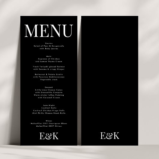 Menu Monogramme moderne élégant Mariage noir blanc