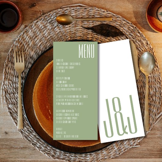 Menu Monogramme moderne Sage Vert Mariage blanc