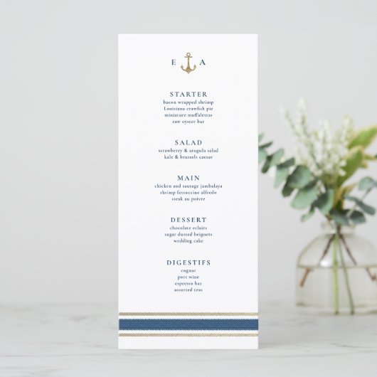 Menu Monogramme nautique Or et Mariage bleu (Debout devant)