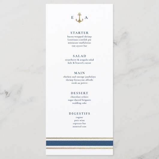 Menu Monogramme nautique Or et Mariage bleu (Devant)