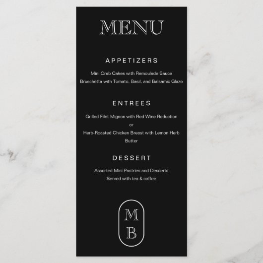 Menu monogramme noir et blanc Personnaliser le Mariage (Devant)