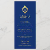 Menu Monogramme Royal Blue Faux Gold Foil Crest Mariage (Devant)