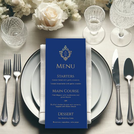 Menu Monogramme Royal Blue Faux Gold Foil Crest Mariage
