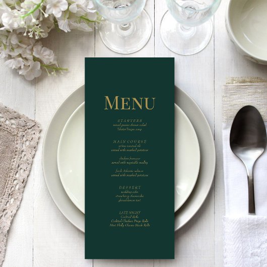 Menu Monogramme vert émeraude minimaliste Mariage
