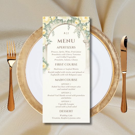 Menu Monogramme Vintage Floral Italien Arch Mariage Men