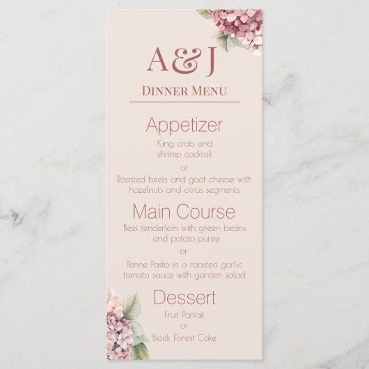 Menu Monogrammes Initiales Aquarelle Hydrangée Fleurs (Devant)