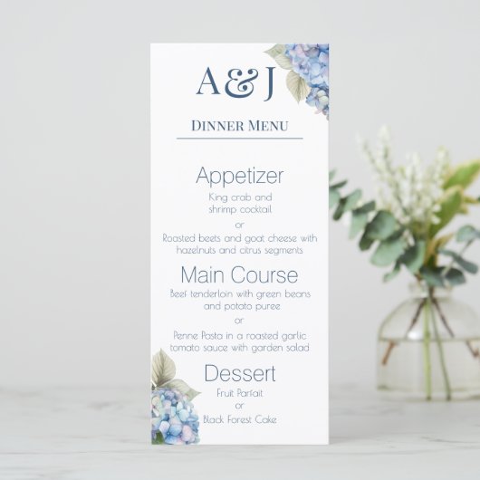 Menu Monogrammes Initiales Hydrangée Bleue Fleurs (Debout devant)