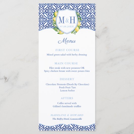 Menu Monogrammes Lemons Carreaux bleus Wedding shower (Devant)