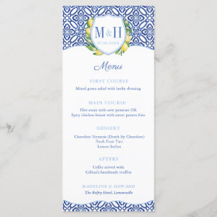 Menu Monogrammes Lemons Carreaux bleus Wedding shower
