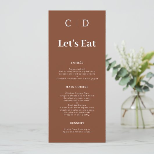 Menu Monogrammes minimalistes en terre cuite Mangeons u (Debout devant)