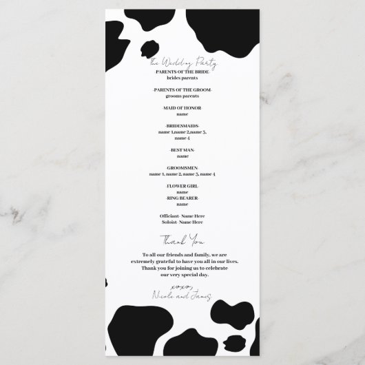 Menu Moo Cow Spots Imprimer Black White Wedding Program (Dos)