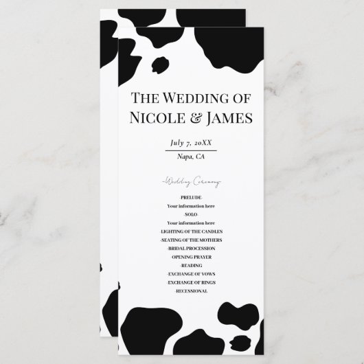 Menu Moo Cow Spots Imprimer Black White Wedding Program (Devant / Derrière)