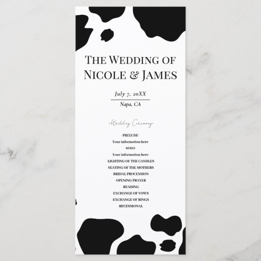Menu Moo Cow Spots Imprimer Black White Wedding Program (Devant)