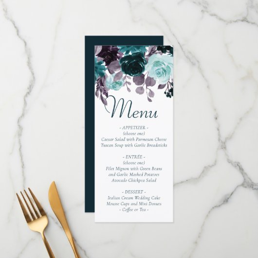 Menu Moody Boho | Floral foncé Turquoise et turquoise (Devant/Arrière en situation)