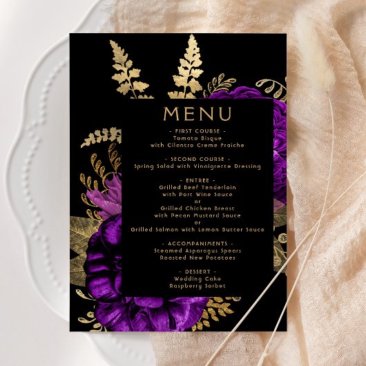 Menu Moody Dark Floral Purple Gold Wedding
