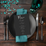 Menu Moody foncé minimaliste Mariage Moth Turquoise<br><div class="desc">Ce menu mariage propose un thème sombre et sobre, simple mais étonnant. Un arrière - plan noir de charbon de bois foncé est la toile parfaite pour votre repas mariage. L'arrière comporte un seul papillon bleu turquoise, ses ailes étalées pour le vol, ainsi que les prénoms du couple et la...</div>