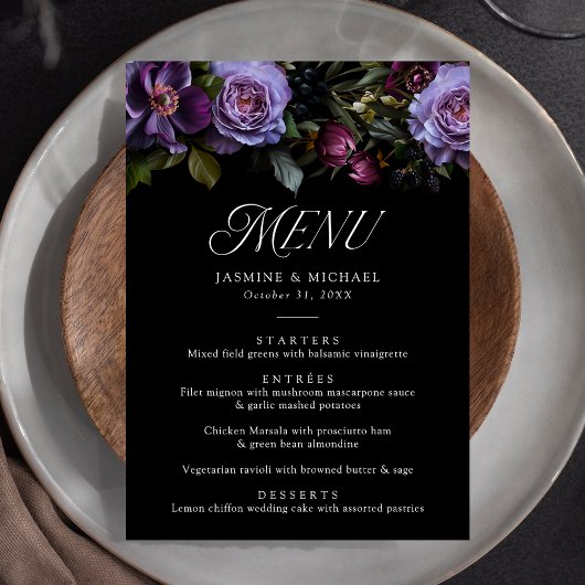 Menu Moody Gothic Floral Mariage