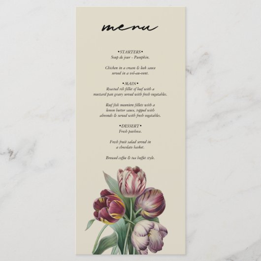 Menu Moody Watercolor Purple Tulips Mariage (Devant)