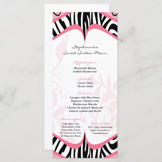 Menu Motif Girly d'impression de zèbre de papillon de (Devant / Derrière)