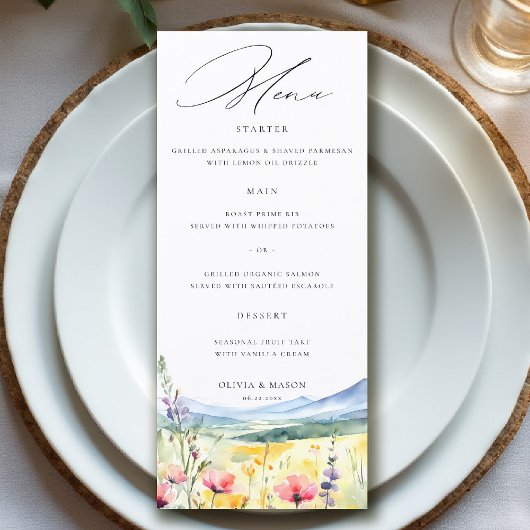 Menu Mountain Wildflowers Meadow Modern Floral Wedding