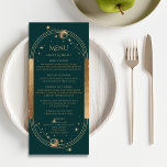 Menu Mystic Green Gold Sun Moon Stars Mariage<br><div class="desc">Mystical Green Gold Sun Moon Stars Astronomie Galaxie céleste Les cartes de mariage cosmique présentent un soleil, une lune et des étoiles avec un cadre doré sur un arrière - plan vert avec les détails de votre menu dans le centre de l'écriture de calligraphie dorée moderne. Personnalisez en modifiant le...</div>