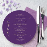 Menu Mystic Purple Gold Sun Moon Stars Space Mariage<br><div class="desc">Mystical Purple Gold Sun Moon Stars Space Mariage Cartes de menu comporte des étoiles d'or simple sur un arrière - plan violet avec les détails de votre menu au centre dans le script de calligraphie or moderne. Personnalisez en modifiant le texte dans les zones de texte fournies. Conçu par Evco...</div>