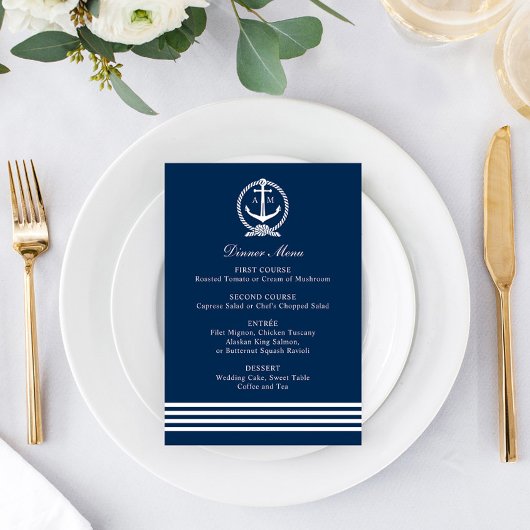 Menu Nautical Navy Ancre Mariage Monogram Dîner