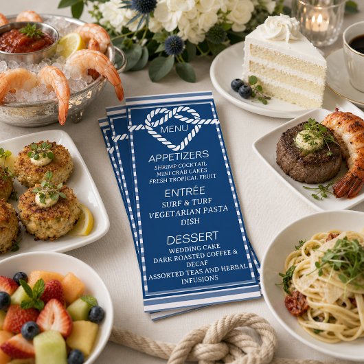 Menu Nautical Navy Blue Tying Knot Stripes Mariage