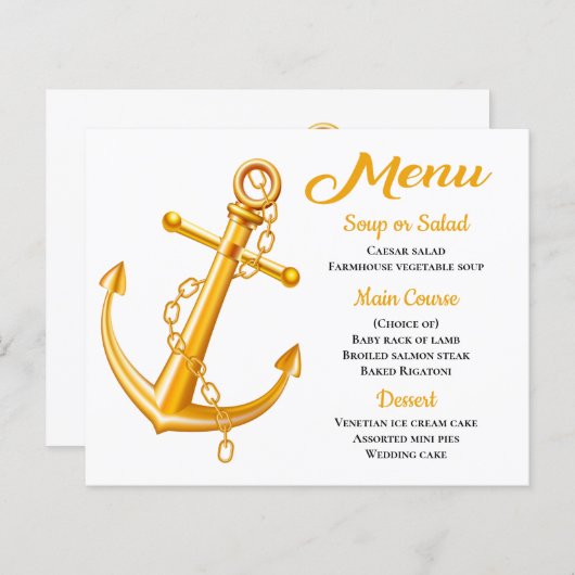 Menu nautique Ancre Gold Mariage Plage été (Devant / Derrière)