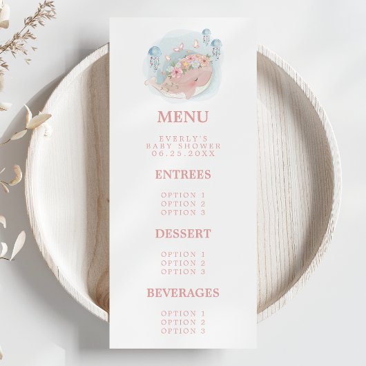 Menu Nautique Baleine rose Jellyfish Baby shower fille