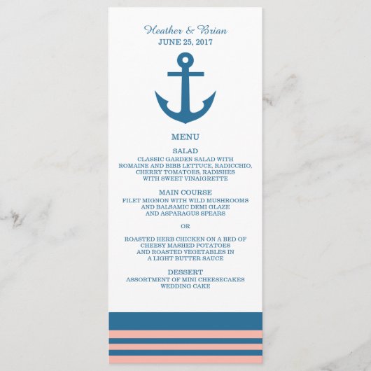 Menu nautique de corail bleu de mariage d'Ancre (Devant)