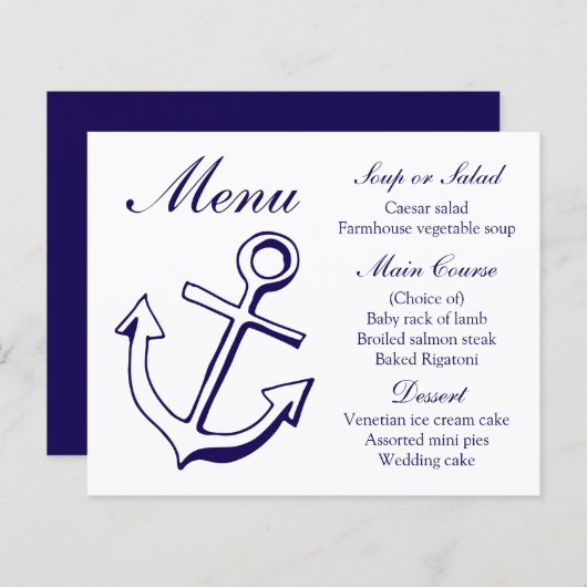 Menu nautique Navire Ancre Marine Blue Mariage (Devant / Derrière)
