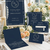Menu Navy Blue and Ivory Elegant  Monogram Wedding