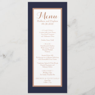 Menu Navy Blue élégant, blanc et or rose faux mariage