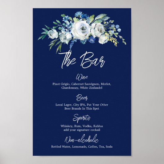 Menu Navy Blue Floral Modern Winter Wedding Bar Poster (Voorkant)