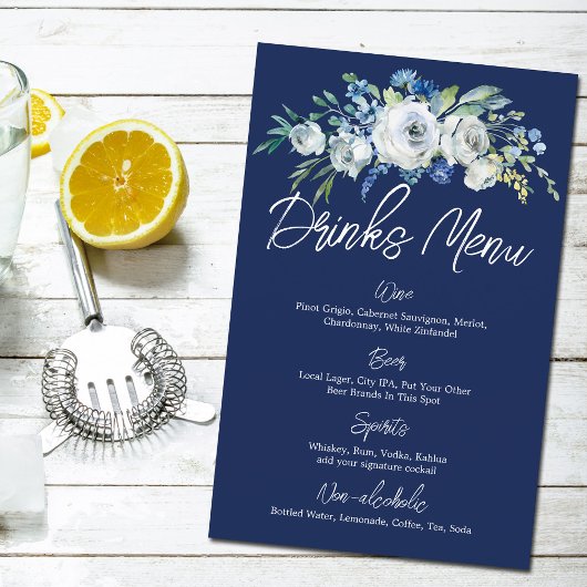 Menu Navy Blue Floral Modern Winter Wedding Drinke
