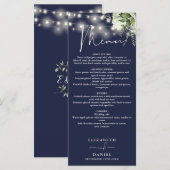Menu Navy Blue Floral String Lights Wedding Dinner (Devant / Derrière)