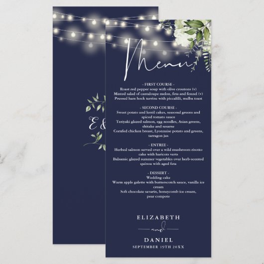 Menu Navy Blue Floral String Lights Wedding Dinner (Devant / Derrière)