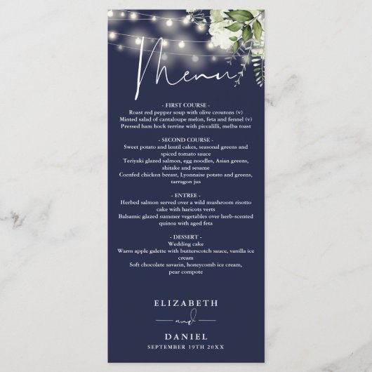 Menu Navy Blue Floral String Lights Wedding Dinner (Devant)