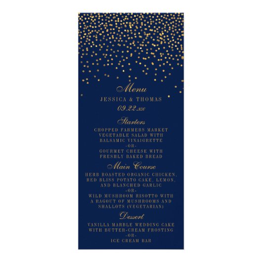 Menu Navy Blue & Glam Gold Confetti Wedding (Voorkant)