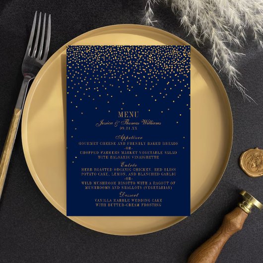Menu Navy Blue & Glam Gold Confetti Wedding